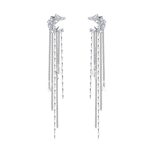 Moon Zircon Long Tassel Chain Earrings Without Ear Holes Small And Elegant Design