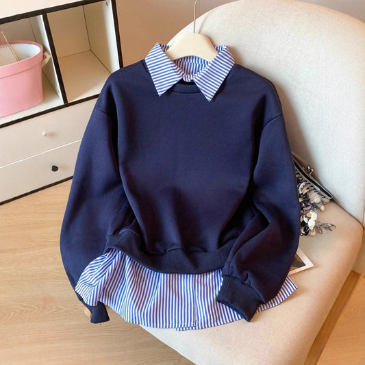 European And American Stripe Patchwork Fake Two-piece Women's Hooded Long-sleeved Sweatshirt