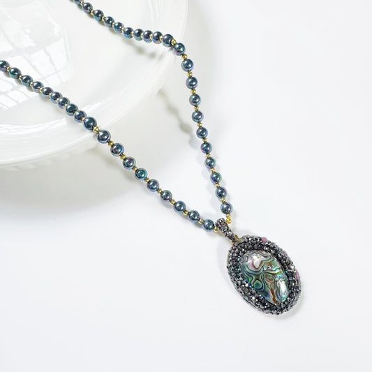 Natural Abalone Shell Pendant Black Stone Necklace