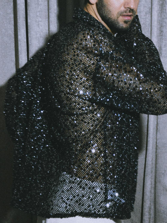 Black Sequin Sheer Open-Front Shirt With Oversized Silhouette - SD & CO.