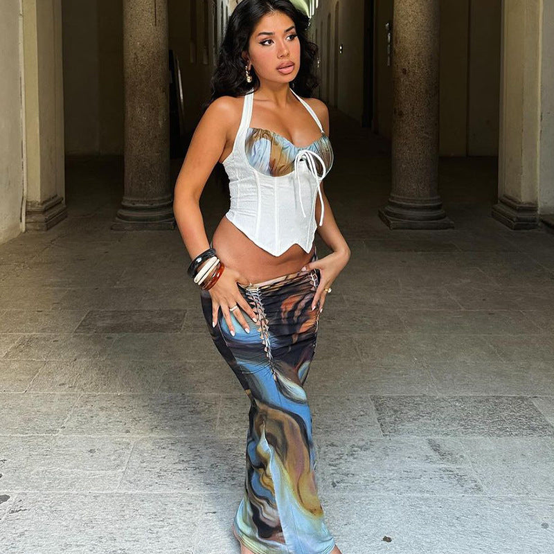 Female Leisure Gathered Top With Slim Tie-waist Skirt