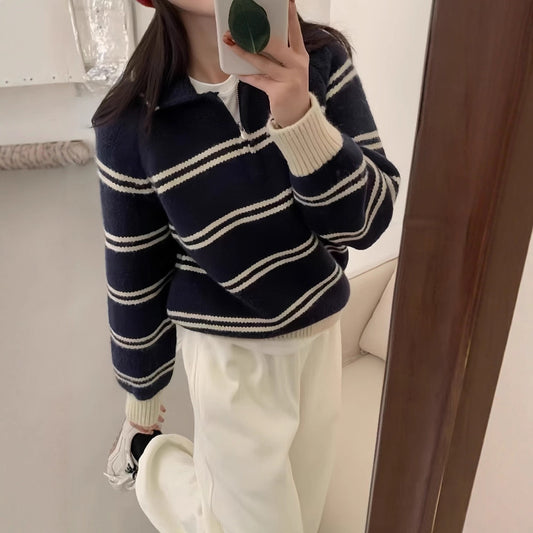 Polo Neck Striped Crewneck Sweater for Women, Turn-down Collar Half-zip Soft and Youthful Thick Knit Top