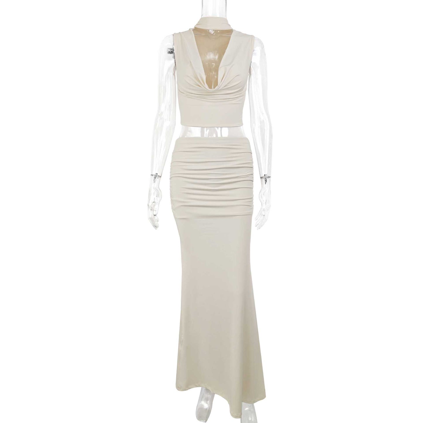 Sleeveless Stacked Neckline Women's Top With Fashionable Pleated Long Skirt Two-piece Set