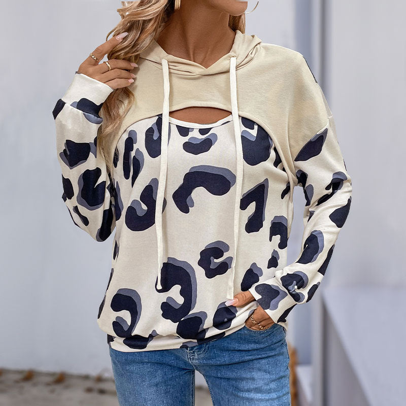 Leopard print patchwork fake two-piece hollowed out hooded sweatshirt for women