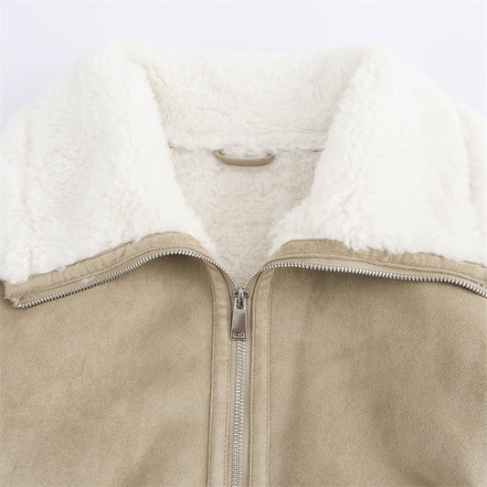 Threaded Hem Loose Fleece Warm Thickened Short Jacket For Women