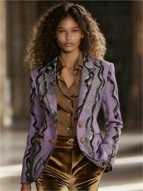 Casual Loose Vintage Velvet Leopard Print Colorblock Lapel Coat Printed Pattern