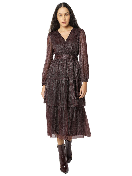 VERO MODA Women Embellished V-Neck Long Puff Sleeves Wrap Midi Dress - SD & CO.