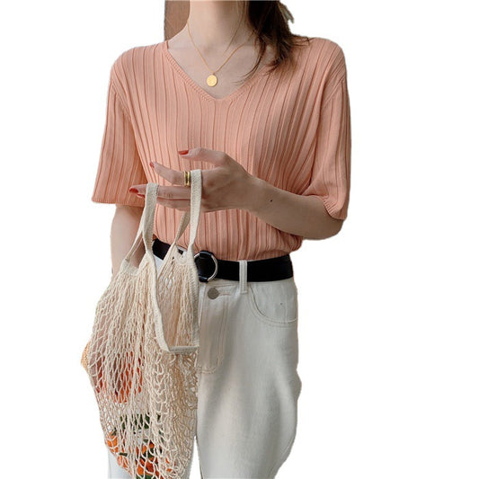 Top Thin Ice Silk Short Sleeve Knitted T-shirt