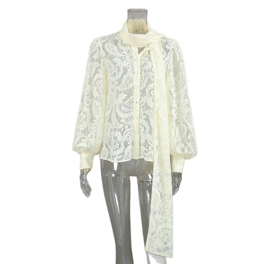 French Ribbon Sheer Lace Long-sleeve Blouse For Women