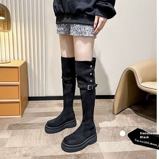 Over-the-knee Folding Long Tube Two-way Wear Boots With Chunky Heels Women's Thick Bottom
