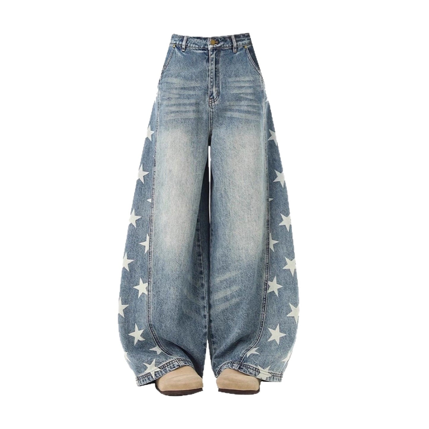 American Style Retro Washed Denim Pants Loose Trendy Wide Leg Trousers