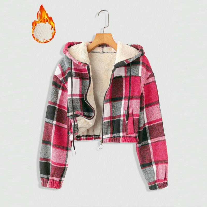 Women's Elegant Plaid Hooded Jacket, Full-Zip Lightweight Coat For Winter Casual Wear