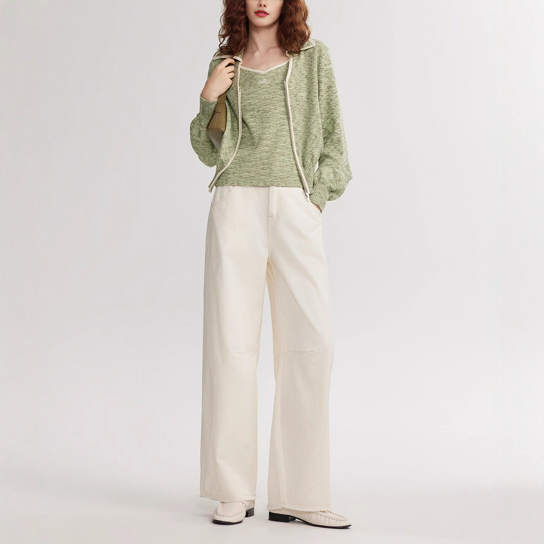 Simple Ribbed Waist-Cinched Women's Knit Sweater, Outdoor Sporty V-Neck Jacket