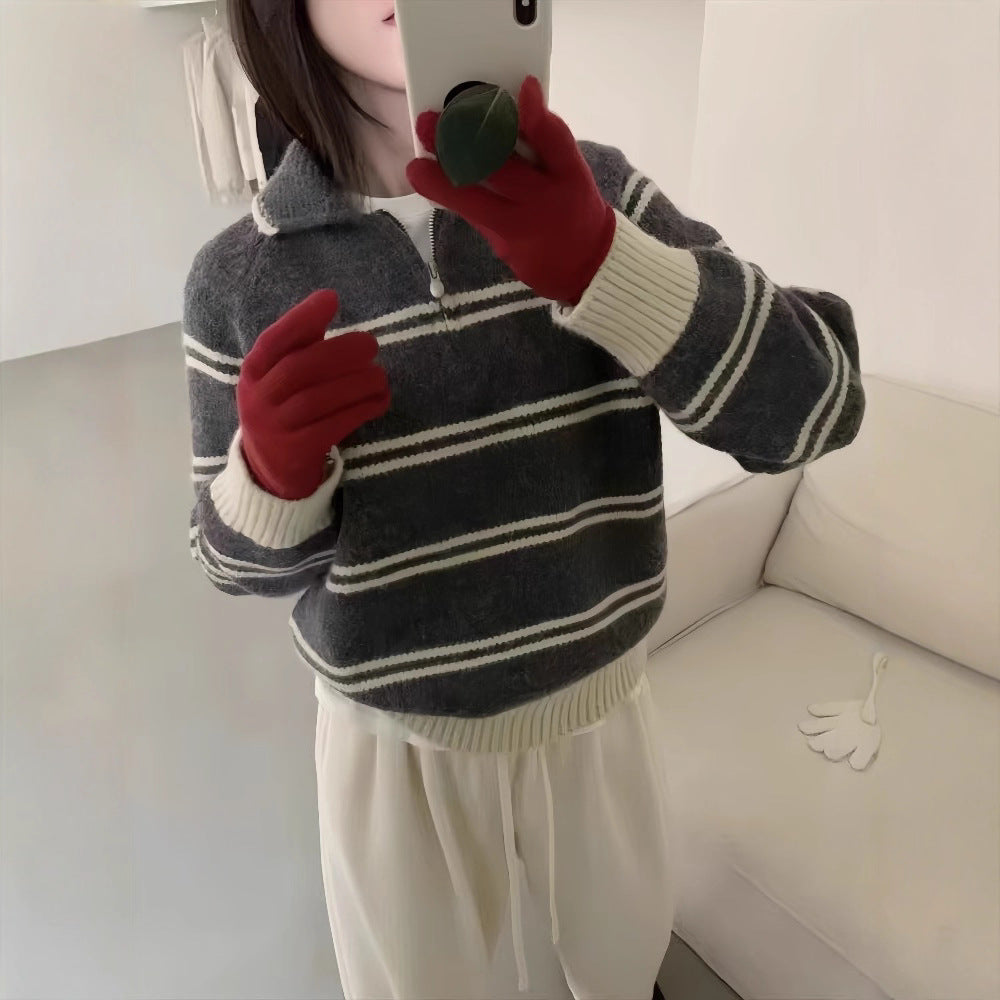 Polo Neck Striped Crewneck Sweater for Women, Turn-down Collar Half-zip Soft and Youthful Thick Knit Top