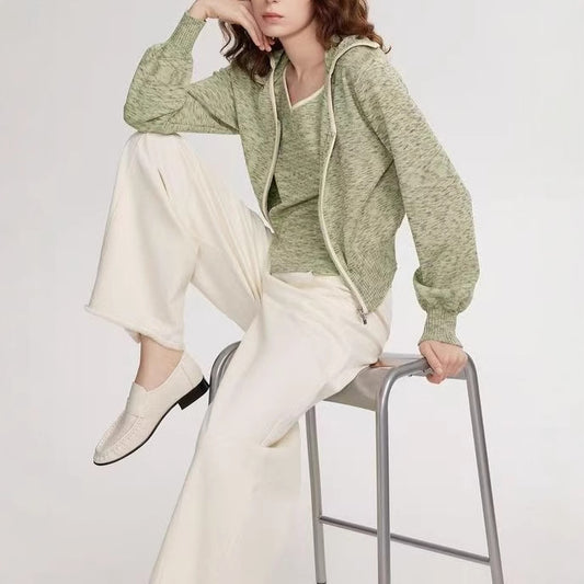 Simple Ribbed Waist-Cinched Women's Knit Sweater, Outdoor Sporty V-Neck Jacket