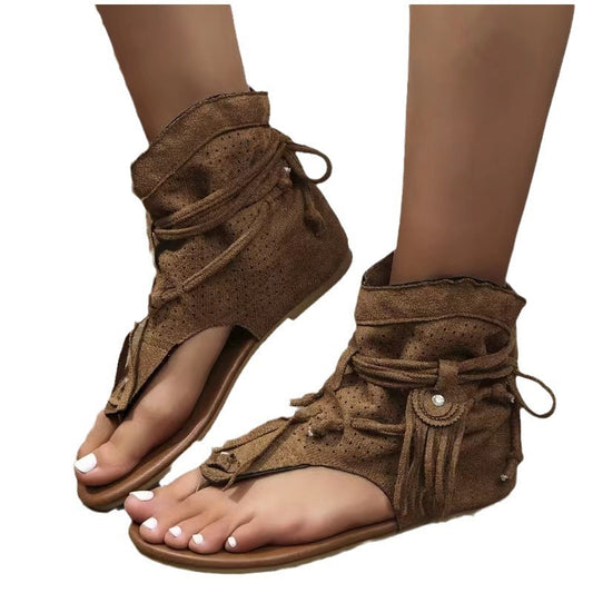 Retro Flat Bottom Tassel Hollow Toe Sandals