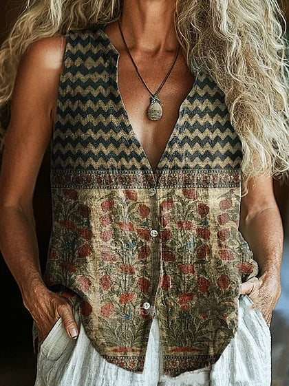 Spring New Trendy Button Vest Vintage Floral V-neck Shirt