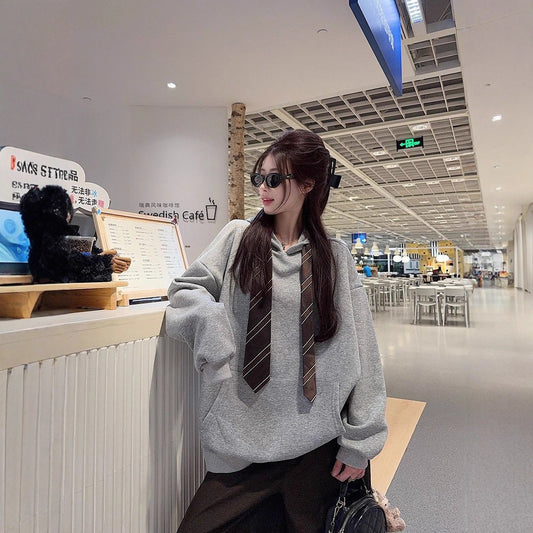 Loose Casual Women's Hooded Tie Sweatshirt