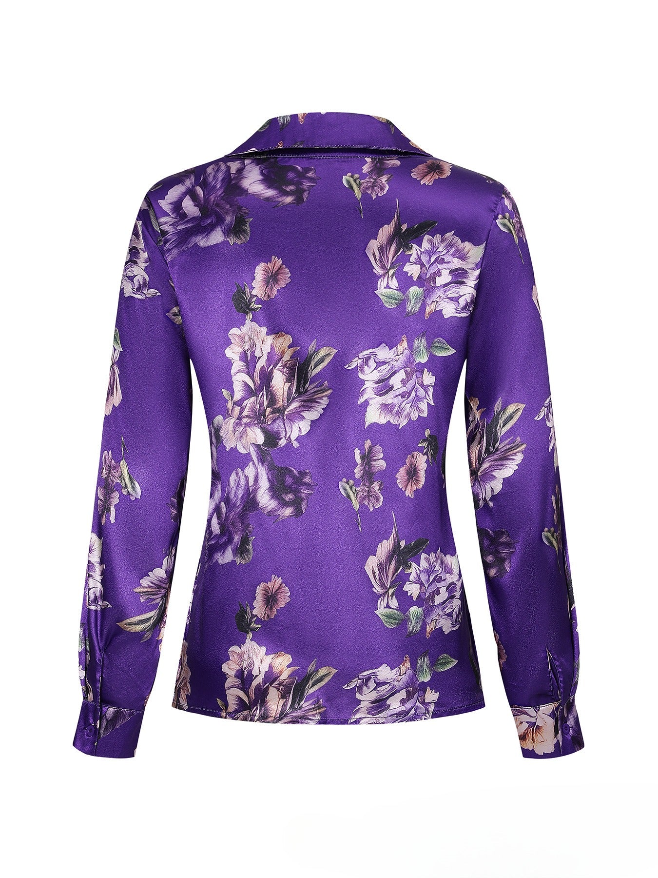 Purple Satin Floral Print Long Sleeve Shirt