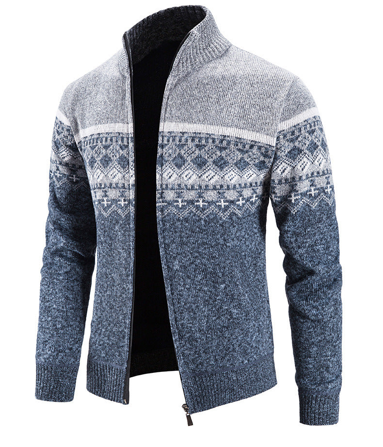 Velvet Thickening Sweater Men's Stand Collar Assorted Colors Retro Jacquard Knitted Cardigan - SD & CO.