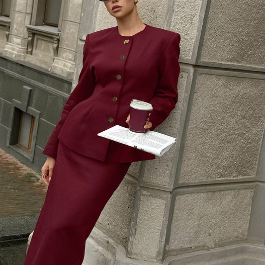 Round-neck Long-sleeved Jacket With Slit Skirt Women's Fashion Casual Two-piece Set