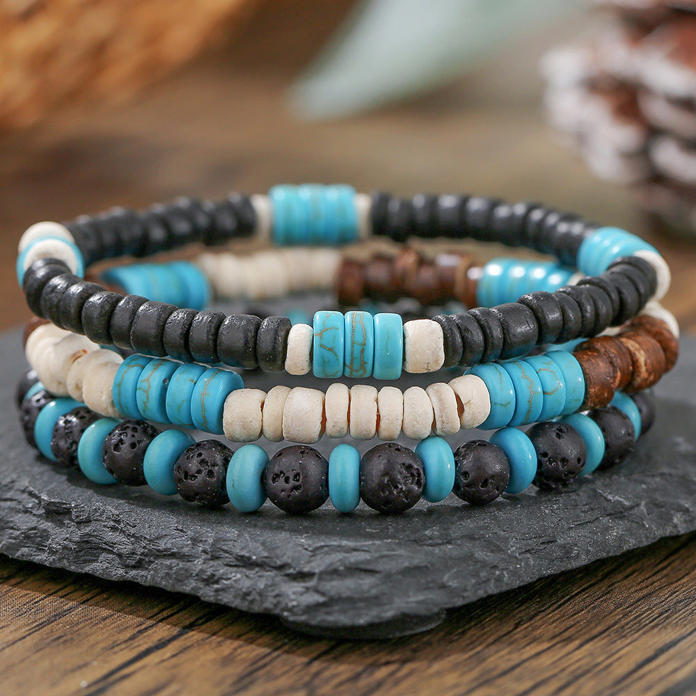 Retro Men's Coconut Wood Multi-Layer Stackable Bracelet Set