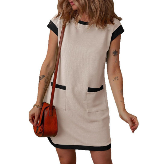 Women's Pullover Pocket Flap Sleeve Color-blocked Straight Dress