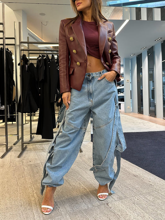 Light Blue Denim Wide-Leg Pants With Dramatic Flap Details And Oversized Fit