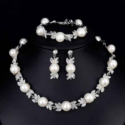 Simple And Elegant Three-piece Set Rhinestone And Pearl Necklace Earrings And Bracelet