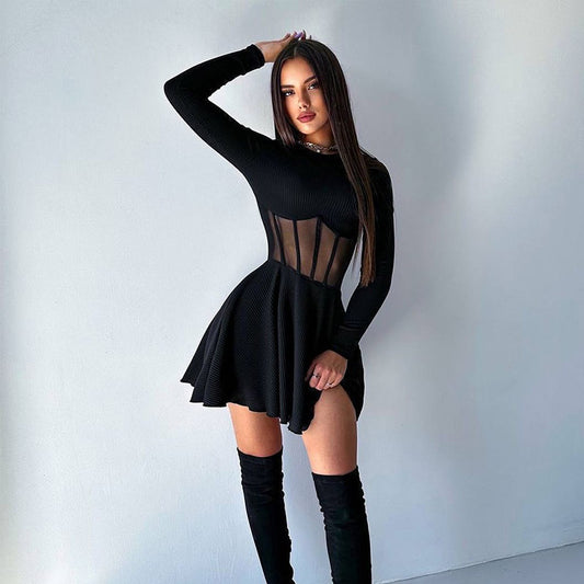 Women's Semi-high Collar Long Sleeve Fashion Mesh Spliced Fishbone Waist Short Dress