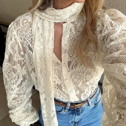 French Ribbon Sheer Lace Long-sleeve Blouse For Women