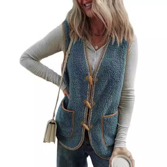 Women's Casual Contrast Color Sleeveless Cardigan Outerwear Plush Vest