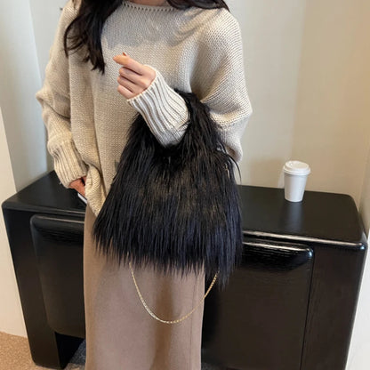 Winter Faux Fur Shoulder Bag for Women Trendy Fuzzy Handbags Plush Crossbody Bag Fluffy Tote Bag Handle Mobile Phone Bag