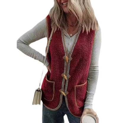 Women's Casual Contrast Color Sleeveless Cardigan Outerwear Plush Vest