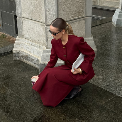 Round-neck Long-sleeved Jacket With Slit Skirt Women's Fashion Casual Two-piece Set