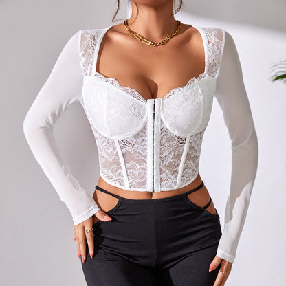 Women's Solid Color Lace Mesh Button-up Corset V-neck Top