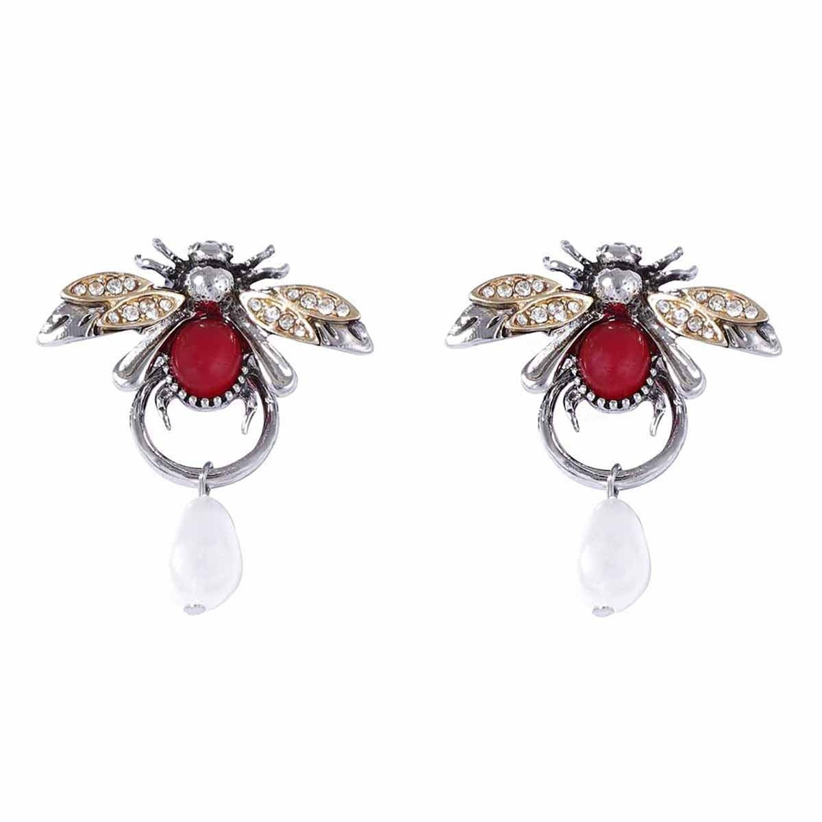 Personality Temperament Alloy Insect Bee Water Drop Imitation Pearl Earrings