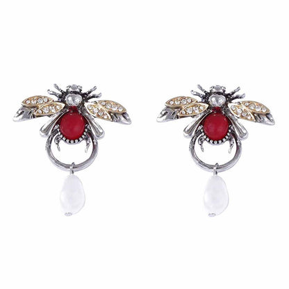 Personality Temperament Alloy Insect Bee Water Drop Imitation Pearl Earrings