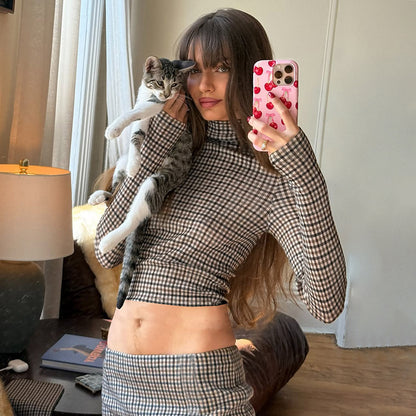 Fashion Plaid Print Long-sleeve Stand Collar Top Slim Fit Versatile Long Skirt Set