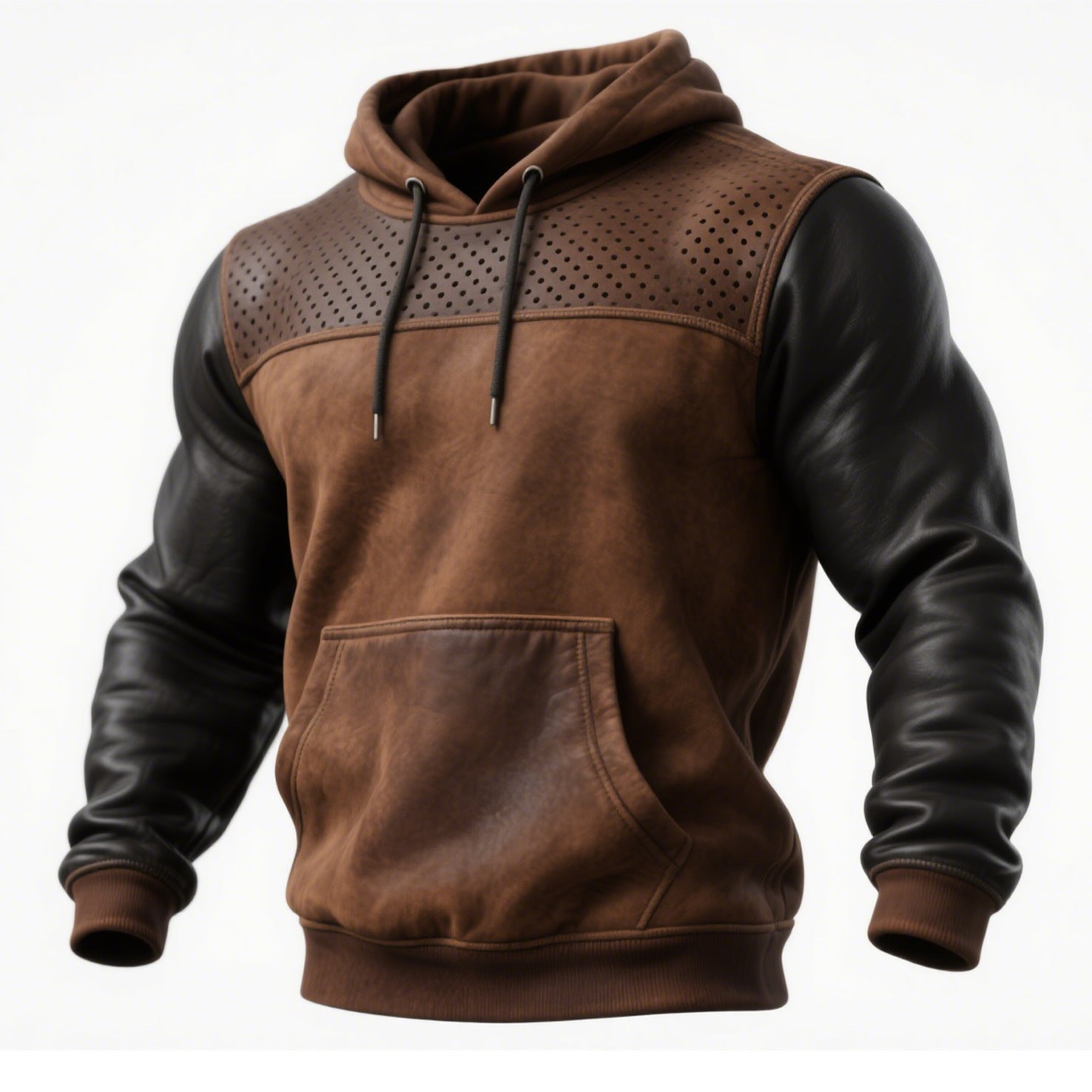 Men's Retro Brown Leather Decorative Perforated Hooded Casual Sweatshirt - SD & CO.