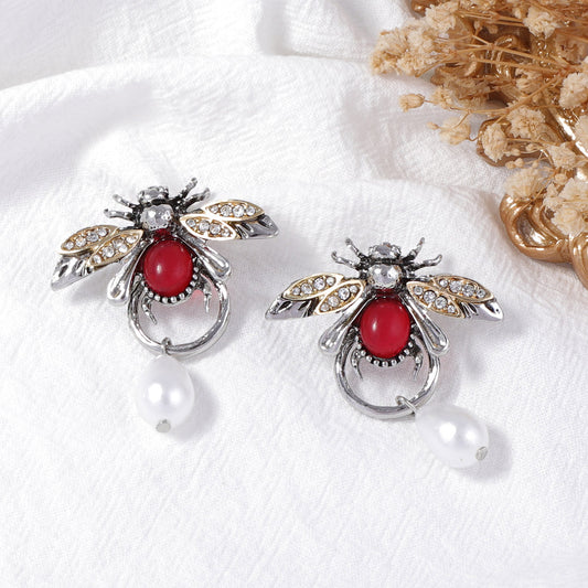 Personality Temperament Alloy Insect Bee Water Drop Imitation Pearl Earrings