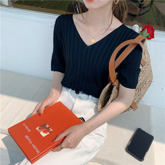 Top Thin Ice Silk Short Sleeve Knitted T-shirt