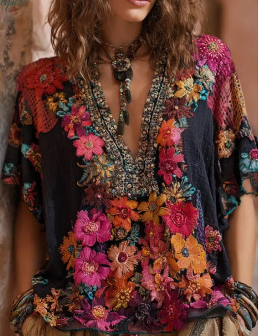 Retro Color-blocked Casual V-neck Mid-sleeve Top