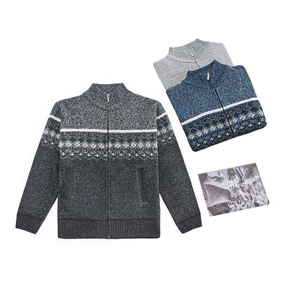 Velvet Thickening Sweater Men's Stand Collar Assorted Colors Retro Jacquard Knitted Cardigan - SD & CO.