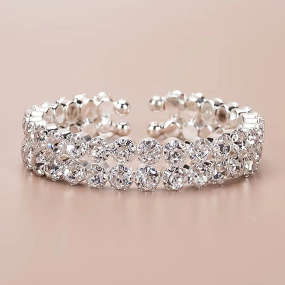 Elastic Bracelet Double Row Large Rhinestone Jewelry Wide Opening