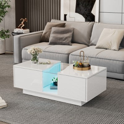 Led Coffee Table With 2 Drawer Storage, High Gloss Coffee Table For Living Room Unique Shape Centre Table With 16-Color Led Lights,End Table For Home Office Furniture, White