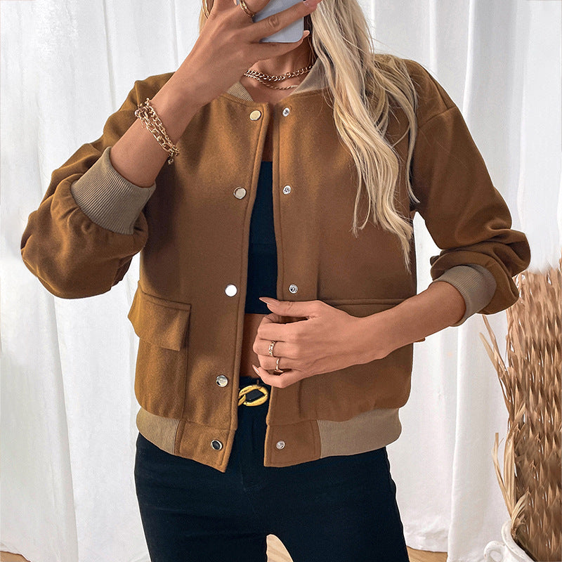 Color blocked cardigan button up baseball collar jacket for women
