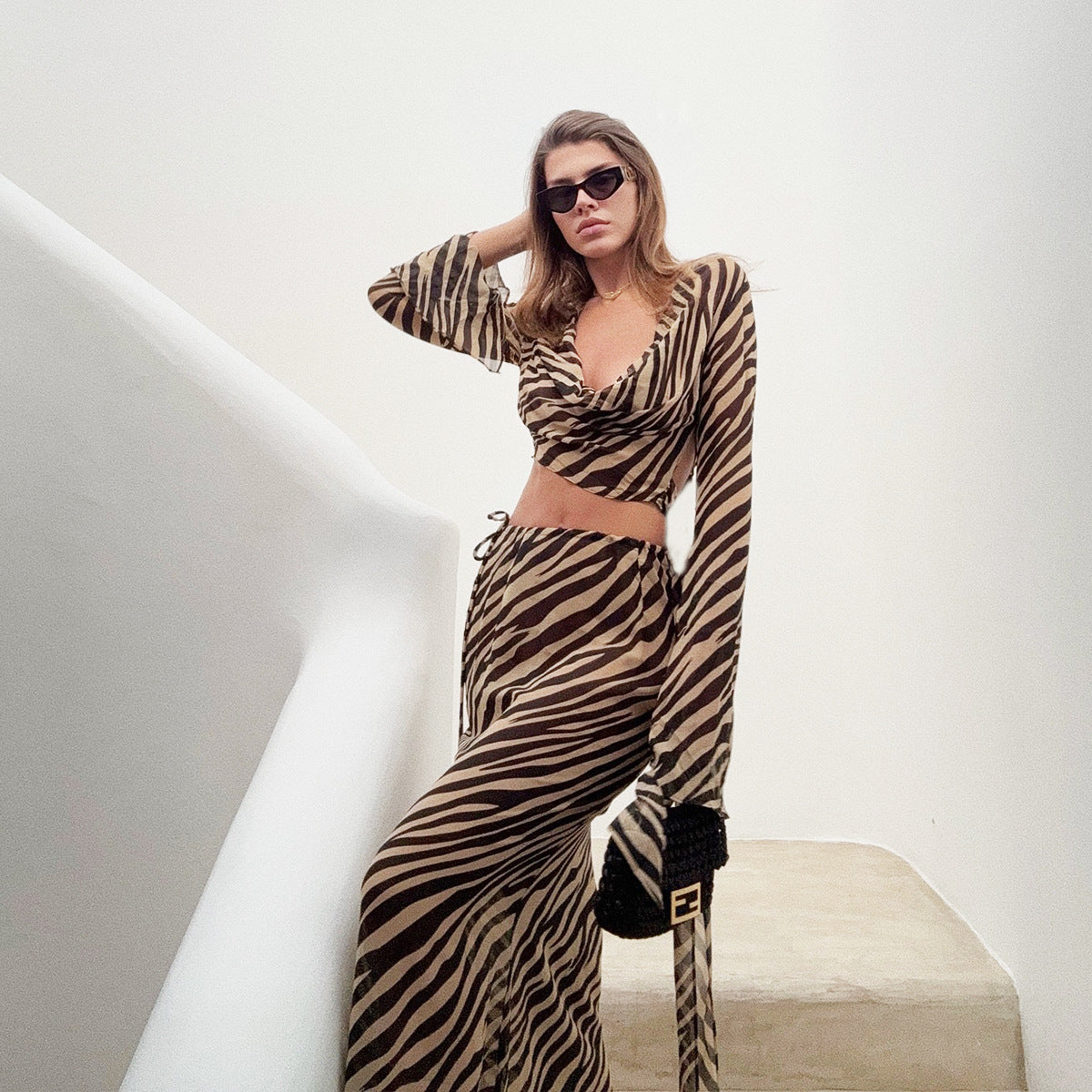 Off The Shoulder Mesh Bell Sleeve Top Set