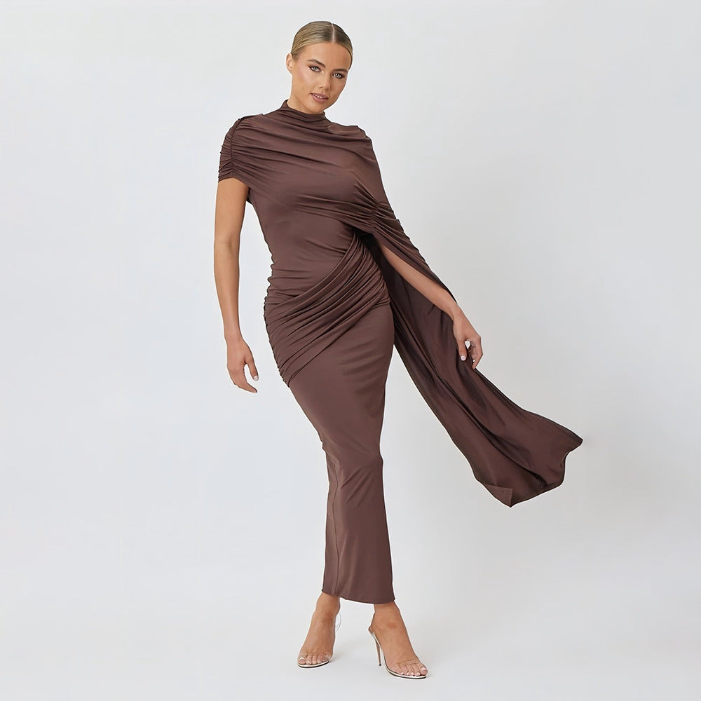 Round Neck Wrap Shoulder Solid Color Spliced Ribbon Dress
