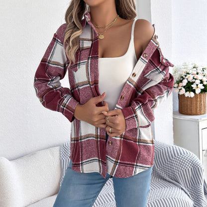 Women's Casual Plaid Woolen Mid-length Coat
